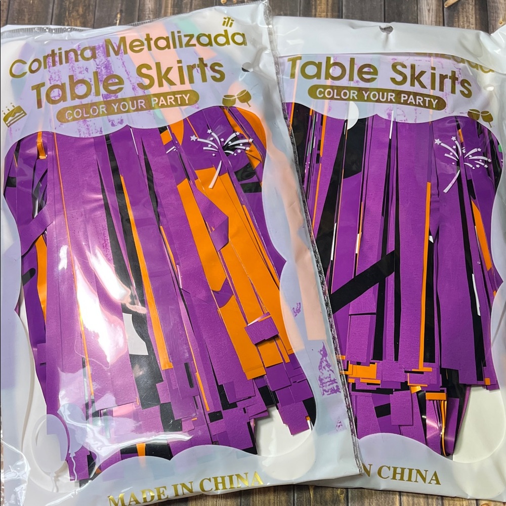 5for$10 Halloween 2 Pack Purple Table Skirts, 25x95" Metallic Foil Tinsel Fringe